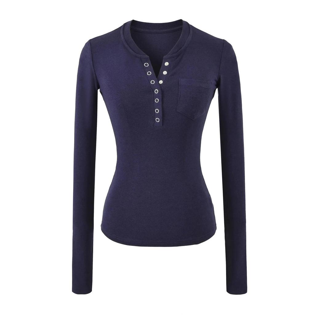 Women's American Spicy Girl Slim-Fit Henley Collar Long-Sleeve T-Shirt - Versatile Base Layer Top, 2026