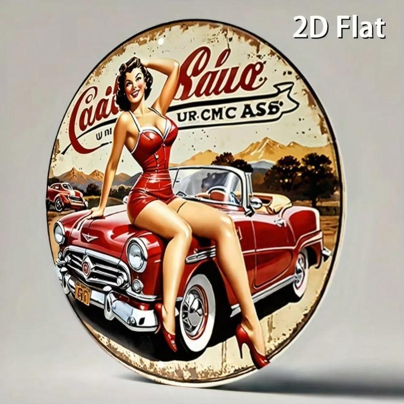 Vintage Auto Mädchen Runde Metallwandkunst 8 Zoll Retro Rotes Automobil Blechschild