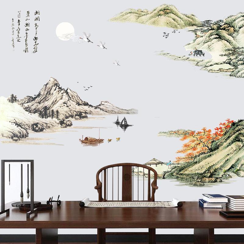 Adesivo de Parede Estilo Chinês Pintura de Paisagem para Sala de Estar Quarto Escritório Decoração de Casa Autoadesivo Decalque de Parede