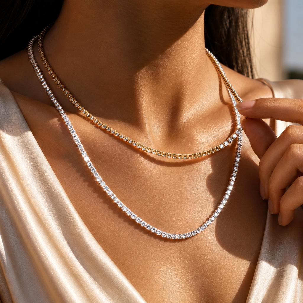 Stainless Steel Cubic Zircon Rhinestone Necklace for Women Luxury Tennis Chain Choker Necklace Minimalist Jewelry Accessories