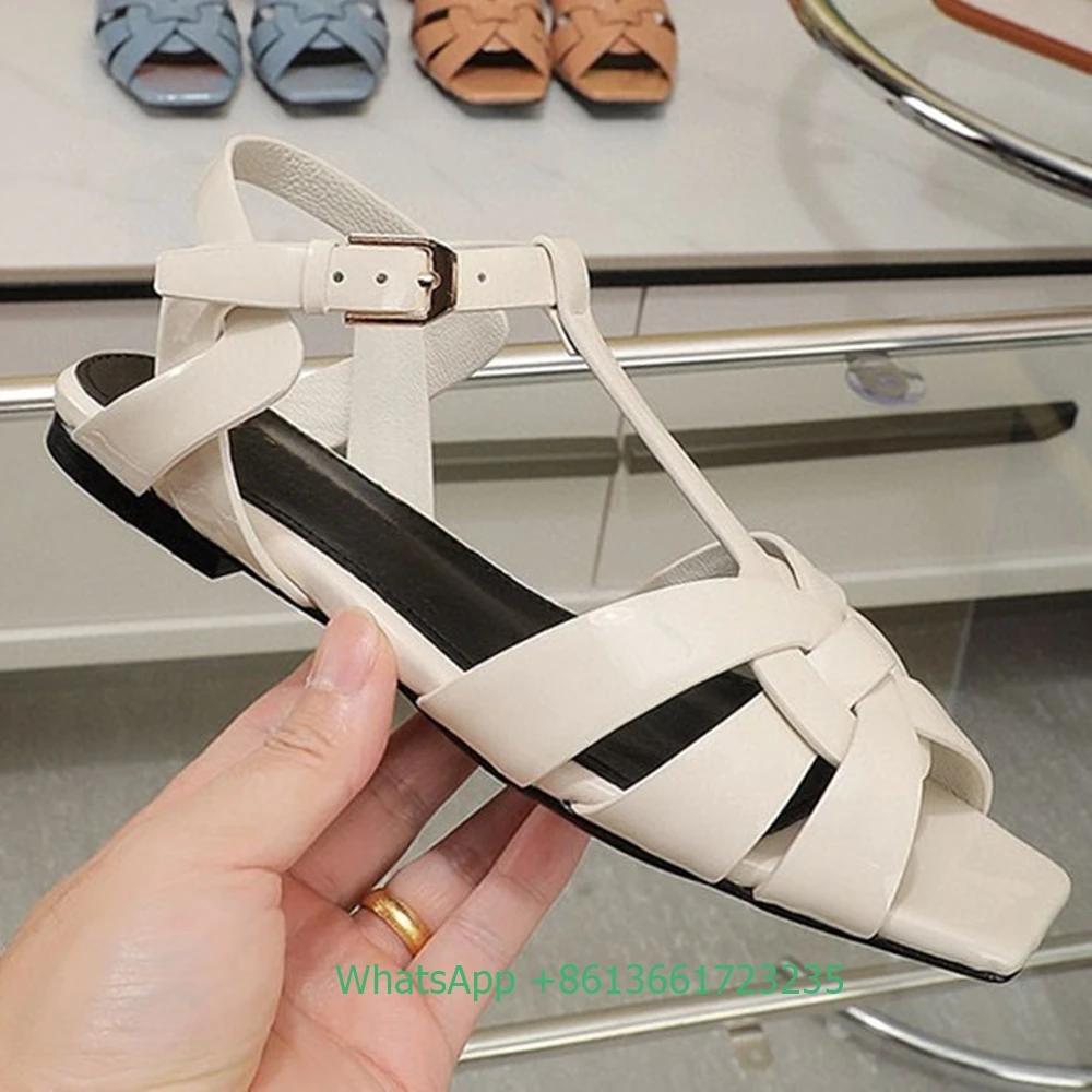 Fashion Women Cross Straps Square Toe Flat with Sandals Solid Color Open Toe Real Patent Leather Flat Sandales 2025 Newest Summer Sandal
