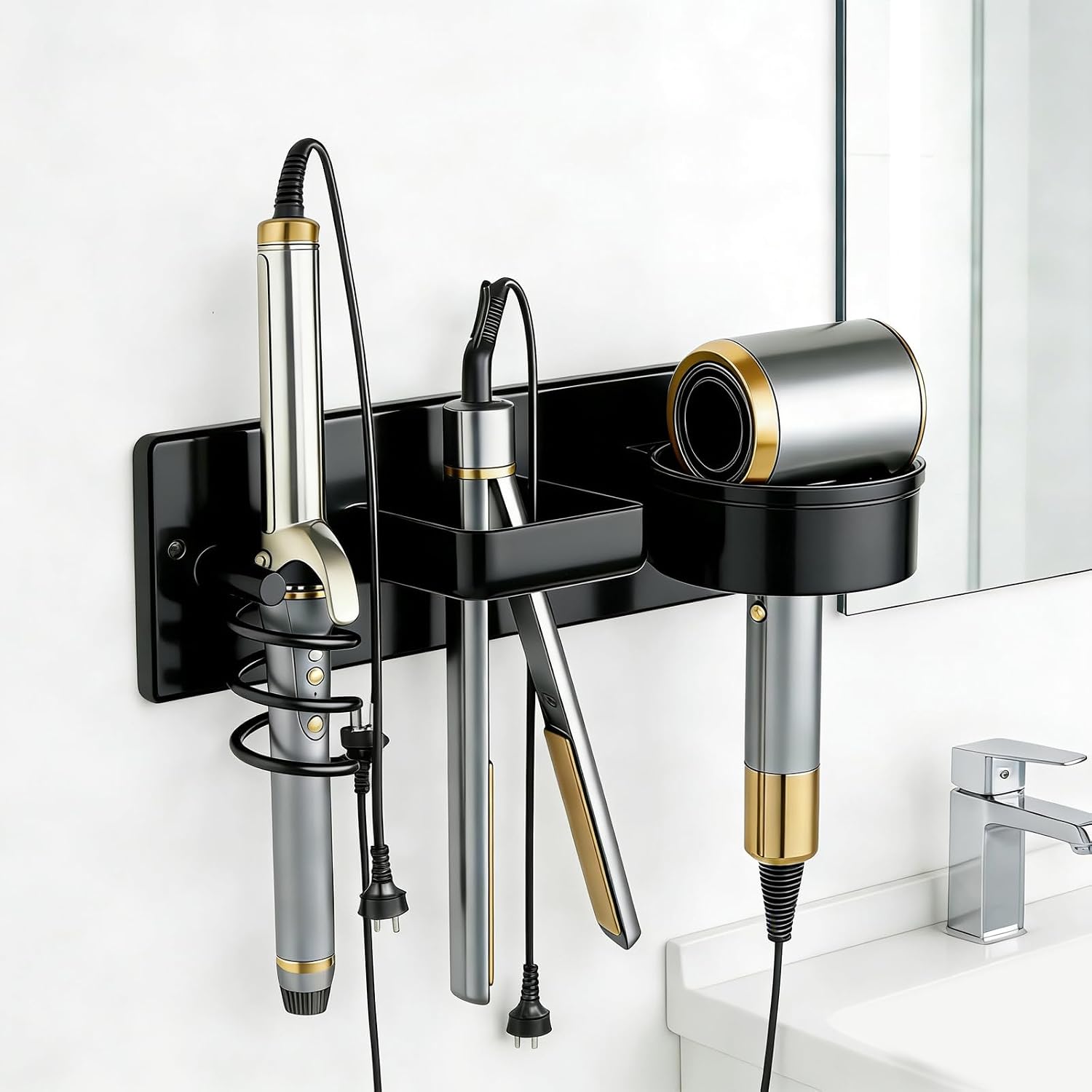 Hair Dryer Holder Wall Mounted Curling Iron Holder Flat Iron Blow Dryer Holder 3 in 1 Hair Tool Organizer Rack for Bathroom (Black-A) N001 чёрный