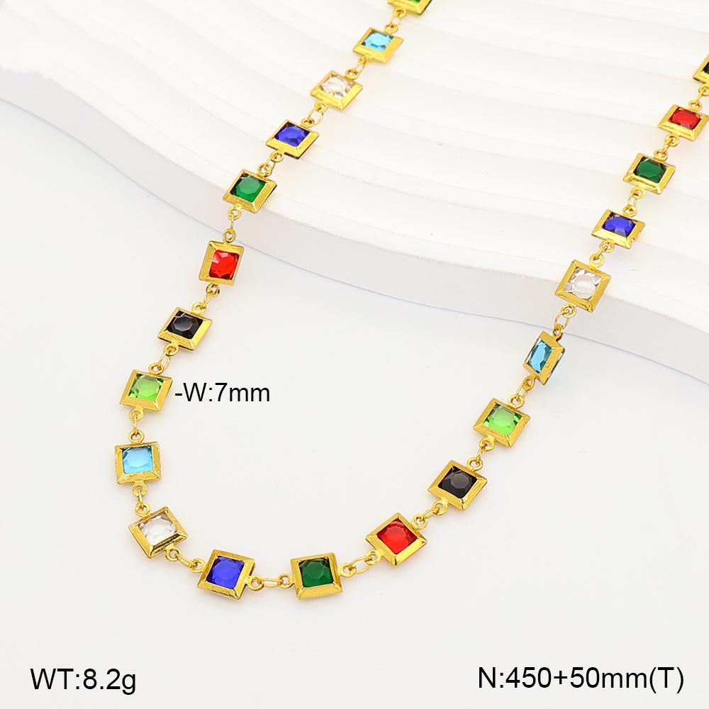 Stainless Steel Crystal Glass Necklace with Mixed Color Edge Clasp – Light Luxury European and American Style