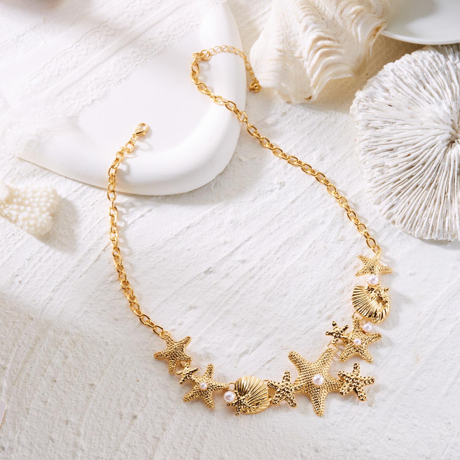 

Starfish Shell Imitation Pearl Necklace Summer Beach Vacation Style Accessory Personality Daily Accessory
