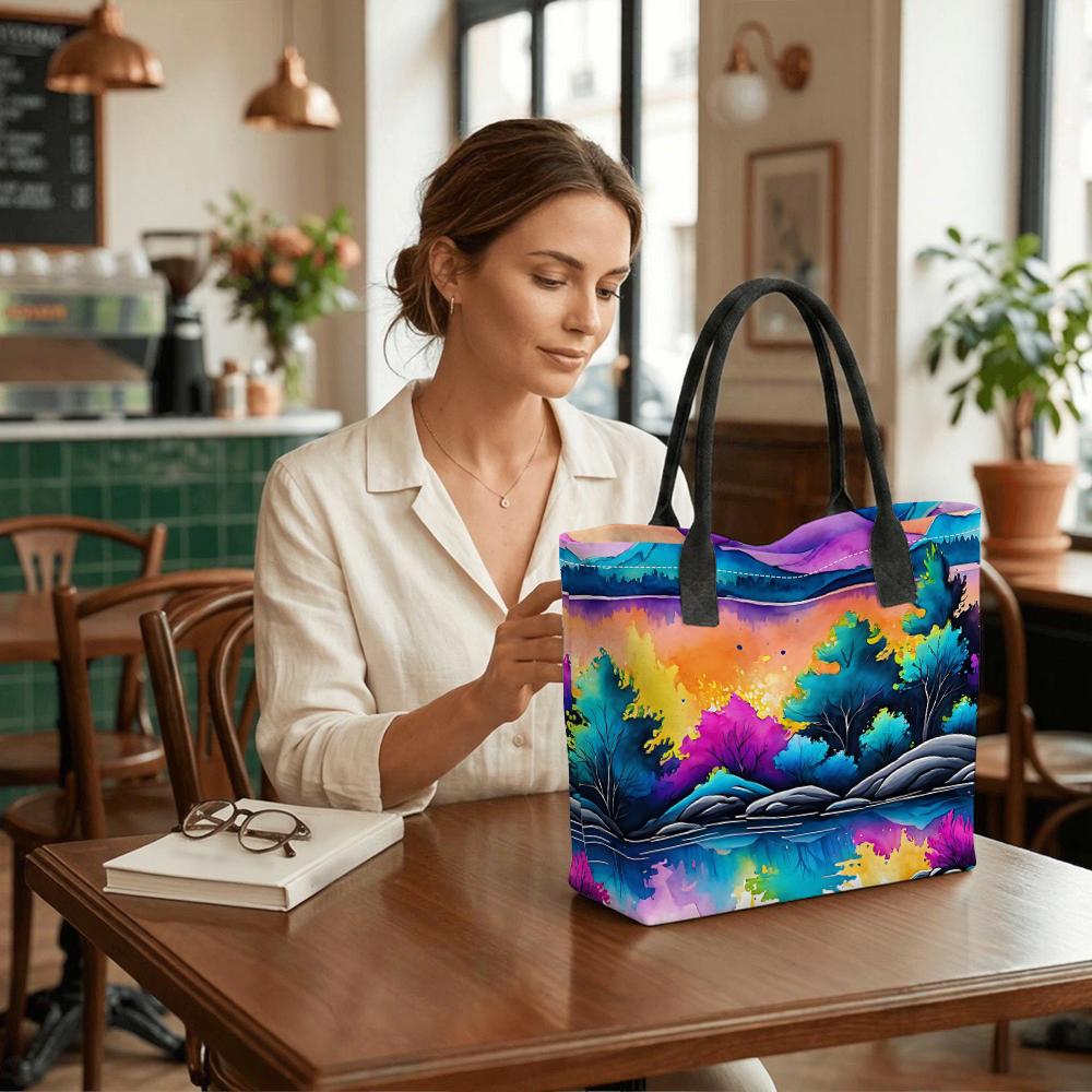 Colorful Watercolor Landscape Tote Bag Large Capacity Fashion Casual Portable Shoulder Bag for Daily Use