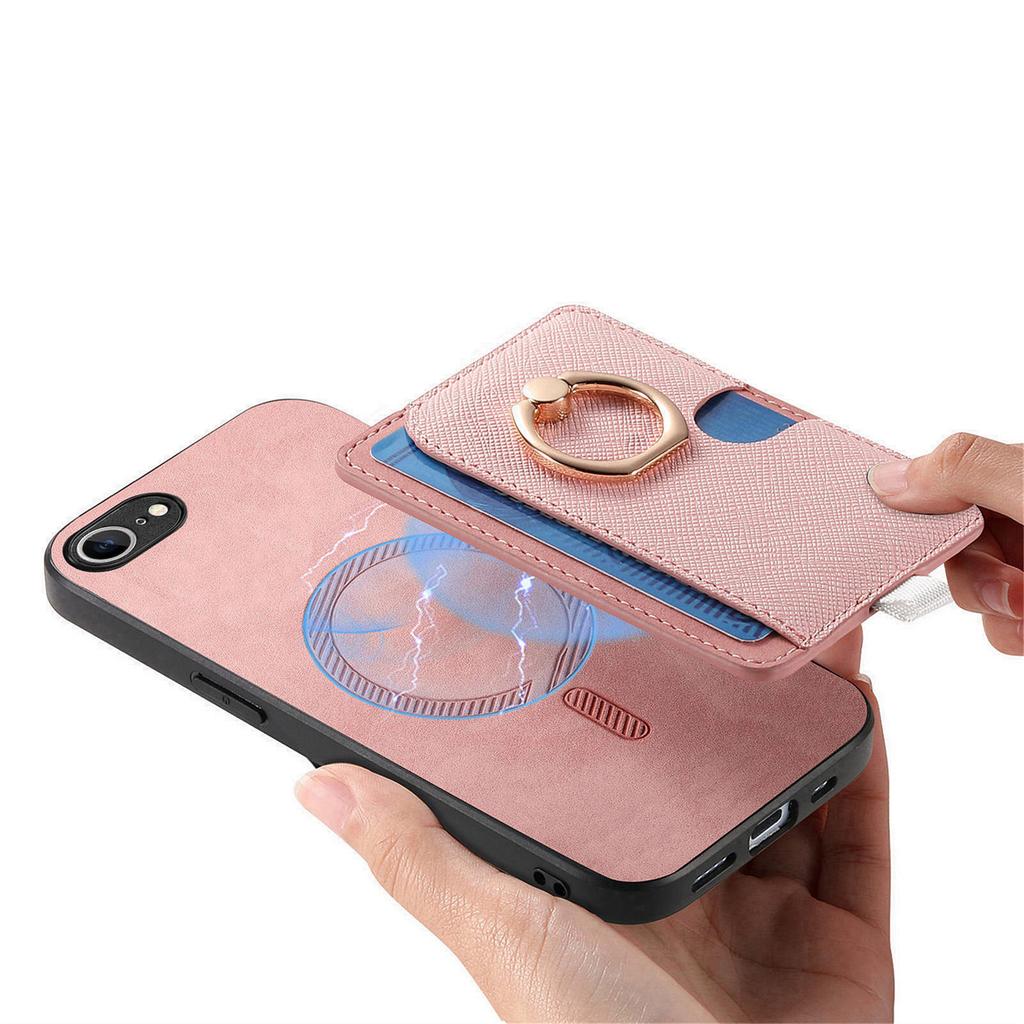 Pro iPhone 16e Pouzdro Kroužkový Stojánek Kůže+TPU+PC Kryt na Telefon Odnímatelný Držák na Karty