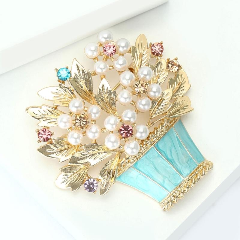 Elegant Floral Basket Brooch with Enamel Finish and Simulated Pearls for Fashionable Accessories Various Occasion