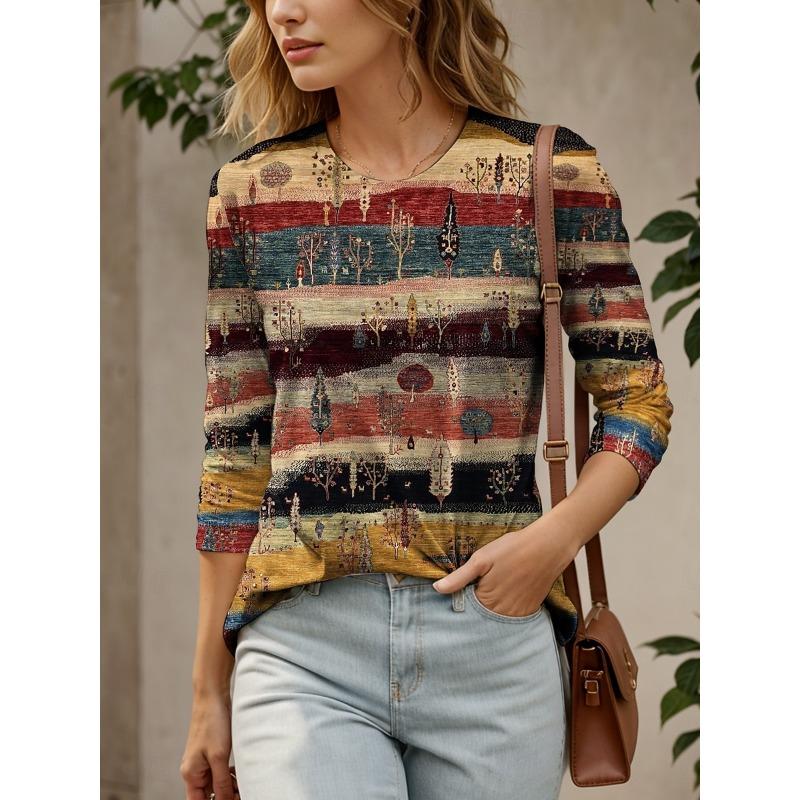 Women s T shirt Long Sleeve Crew Neck Long Sleeve Tunic Graphic Geometric Striped Elegant Vintage Round Neck Regular Tops S