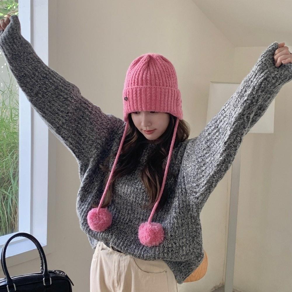 Windproof Y2k Knitted Cap Thick Beanie Hats Japanese Pom-pom Knit Cap  Outdoor
