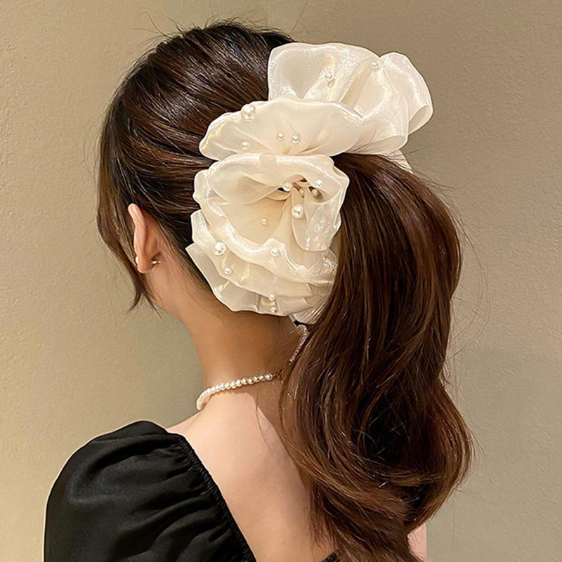 Damen Elegant Groß Chiffon Seide Haarspangen Perle Netz Blase Haarspangen für Dickes Dünnes Haar