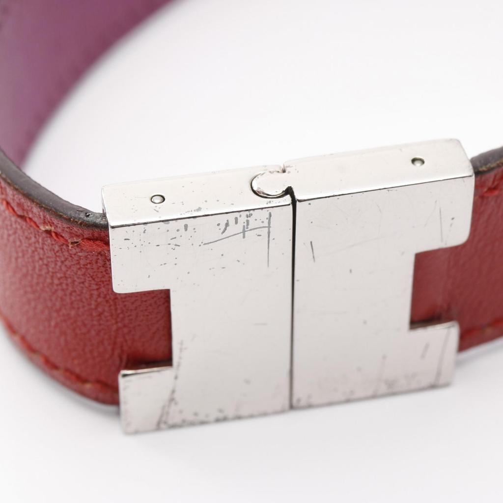 Used HERMES Lurie Bracelet Stainless Steel leather Silver Red Purple Used Women