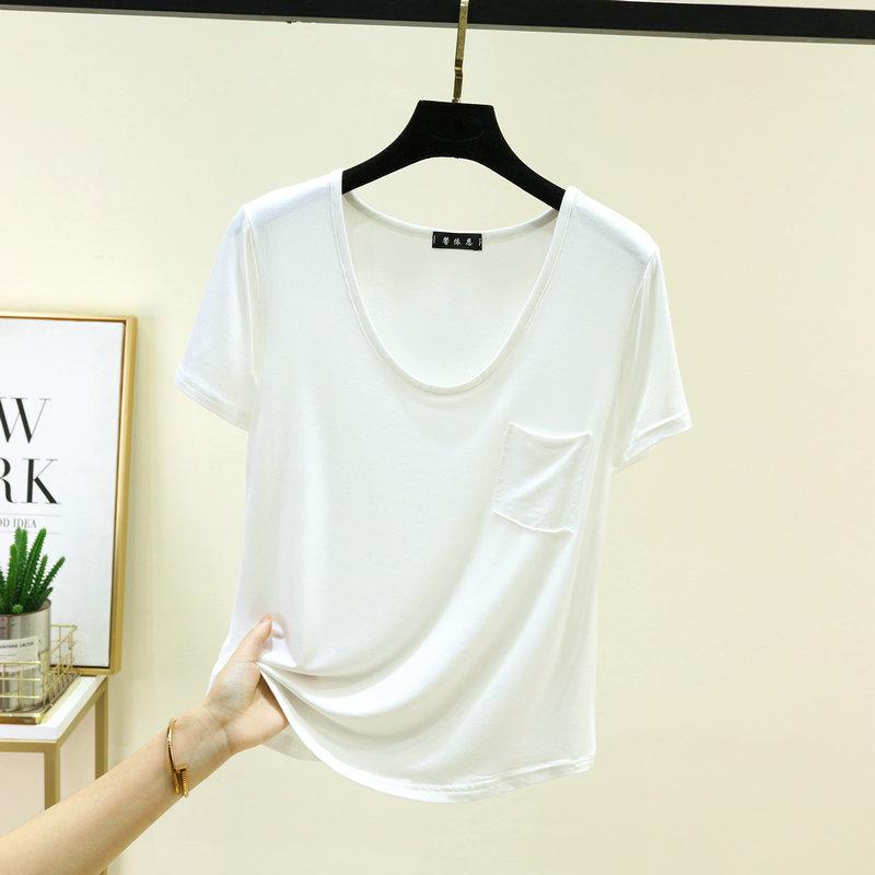 Women's U Neck T-Shirt 2026 Summer Modal Basic Short Sleeve Tshirts Loose Fit Relaxed Casual Tee Tops Solid Pocket Tees