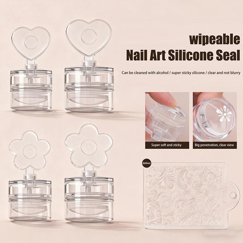 Transparent Nail Stamper With Scraper Heart Flowers Shaped Jelly Silicone Head Stamp For French Nails Printing
