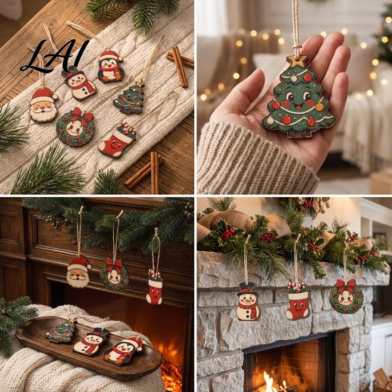 Holiday Tree Decoration Wooden Christmas Santa Claus Ornament Snowman Stocking Wreath Hanging Natural Wood Decor Decoration 2D Farmhouse Rustic