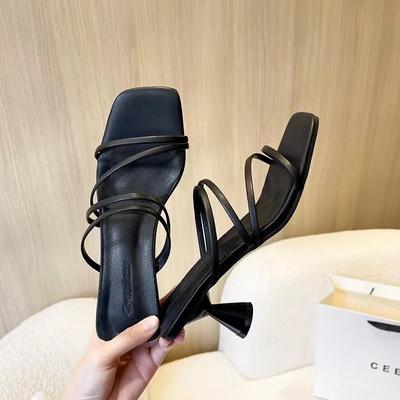 Fashion Summer New Women's Slippers Square Toe Grace Narrow Band Solid Casual Sandals Waterproof Block High Ladies Shoes