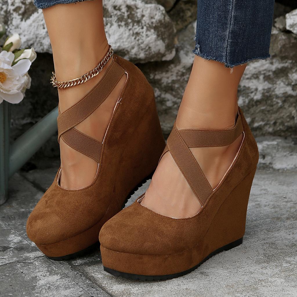 Fashion Women Shoes Flock Buckle Bowtie Ankle Strap High Heels Sexy Platform Wedges Female Pumps Red Wedding Shoe Zapatillas De Deporte