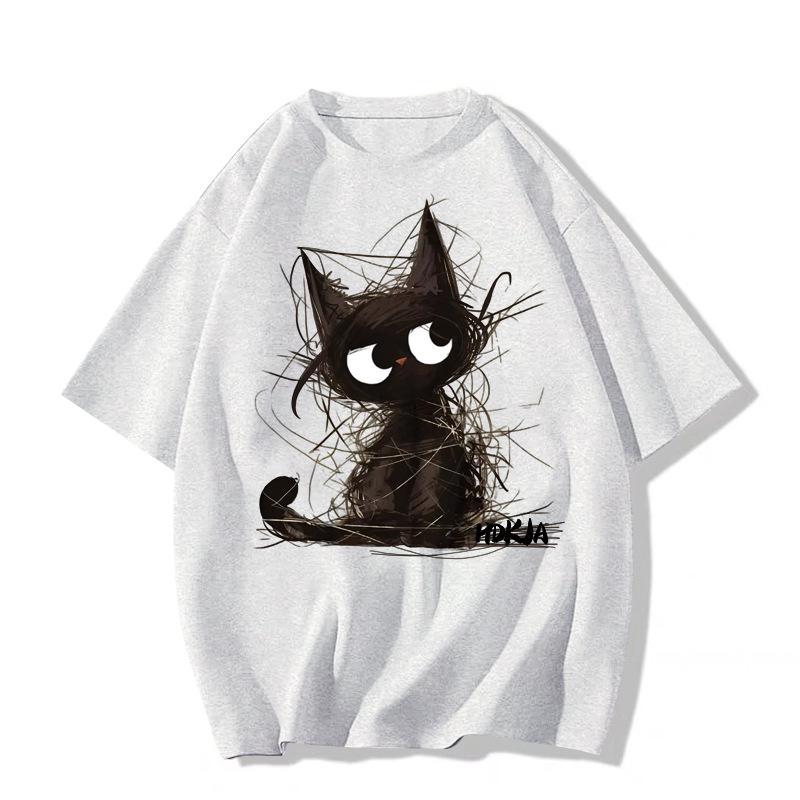 Unisex American Retro Black Cat Print Oversized T-Shirt - Summer Pure Cotton Short Sleeve Top