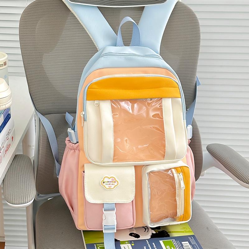 Color Block Student Schoolbag Multi-functional Large Capacity Backpack Lightweight Travel Backpack
