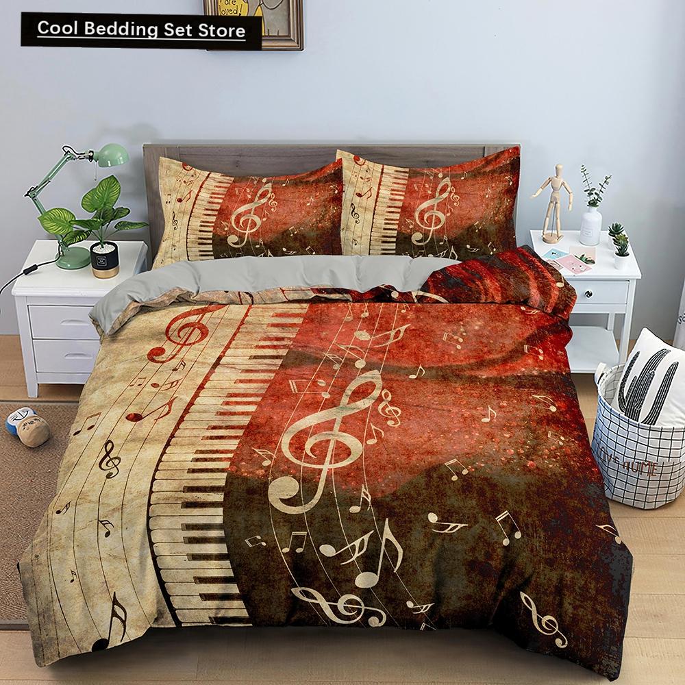 Piano Music King Queen Duvet Cover Musical Notes Bedding Set For Kids Teens Girls Black And White Piano Keys 2/3Pcs Quilt Cover