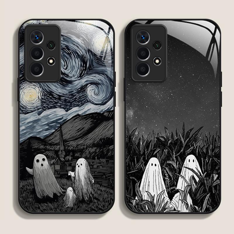 Custodia per Telefono in Vetro Temperato con Fantasia Astratta Fantasma Divertente per Samsung Galaxy A06 A55 A54 A53 A52 A36 A14 A15 A31 Copertura Posteriore Y2K