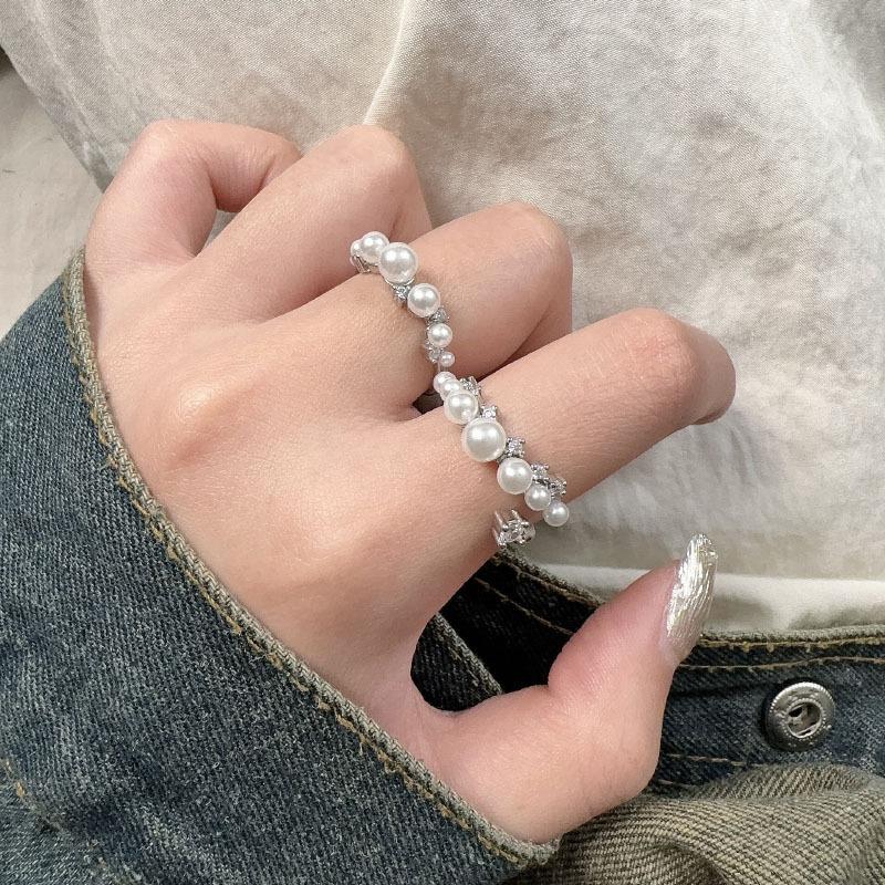 Korean Pearl Unique Zirconia Open Ring For Women With Adjustable Fit And Modern Charm