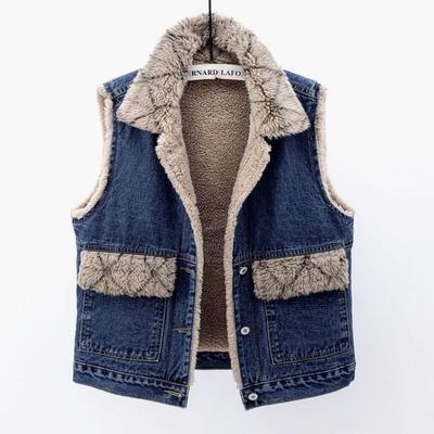 Chaleco Grueso de Mezclilla Retro Azul de Pelo de Cordero y Felpa para Mujer, Chaqueta Casual de Invierno sin Mangas