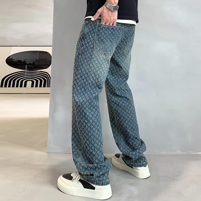 JYL Mens Jeans Vintage Blue Jacquard American Vibe Flared Denim Pants