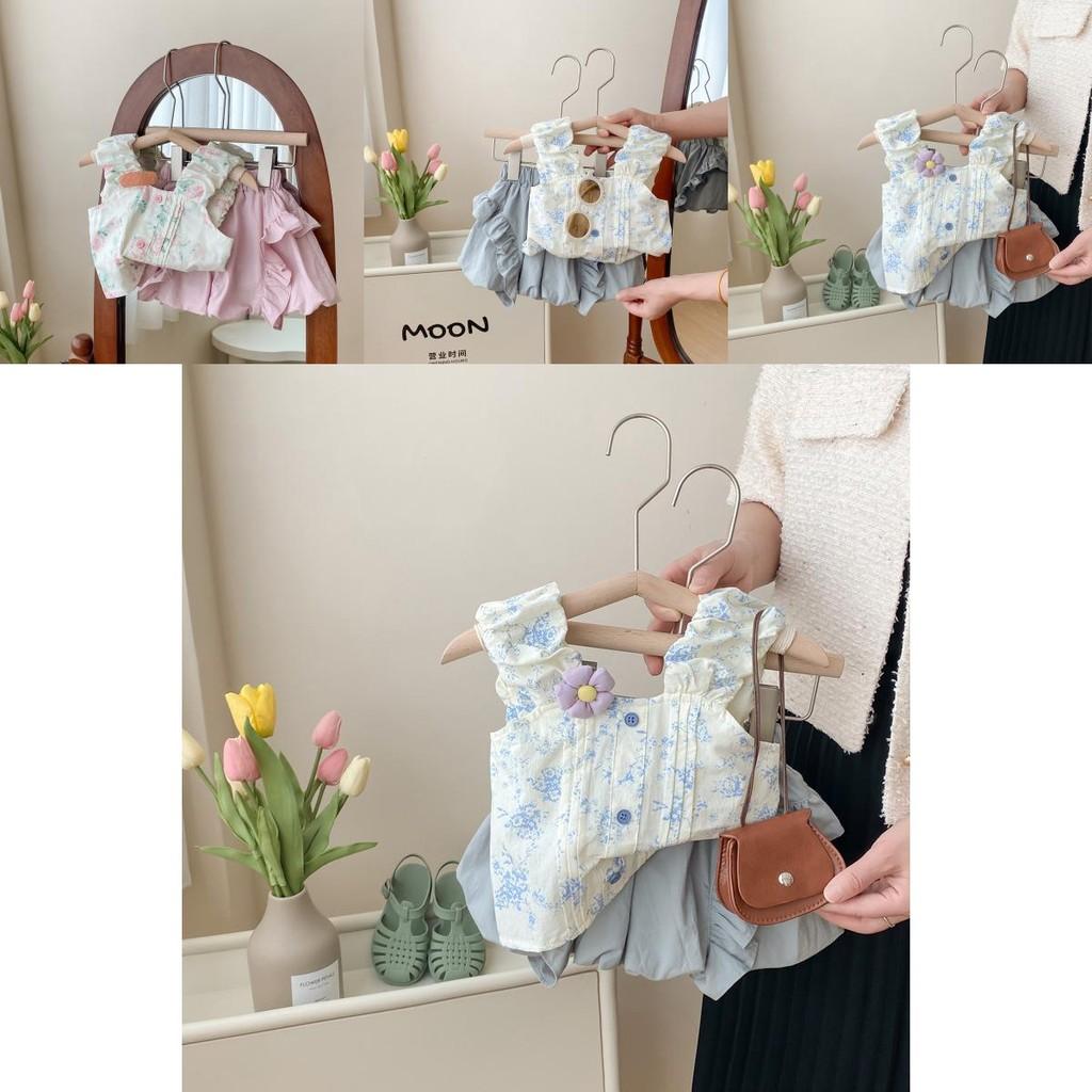 Cute Sweetheart Blue Floral Sleeveless Top And Short Pants Baby Girl Set