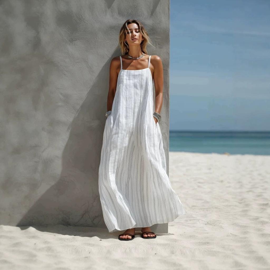Women's Spaghetti Strap Maxi Dress Blue Vertical Stripe Side Pockets Beach Holiday Dress