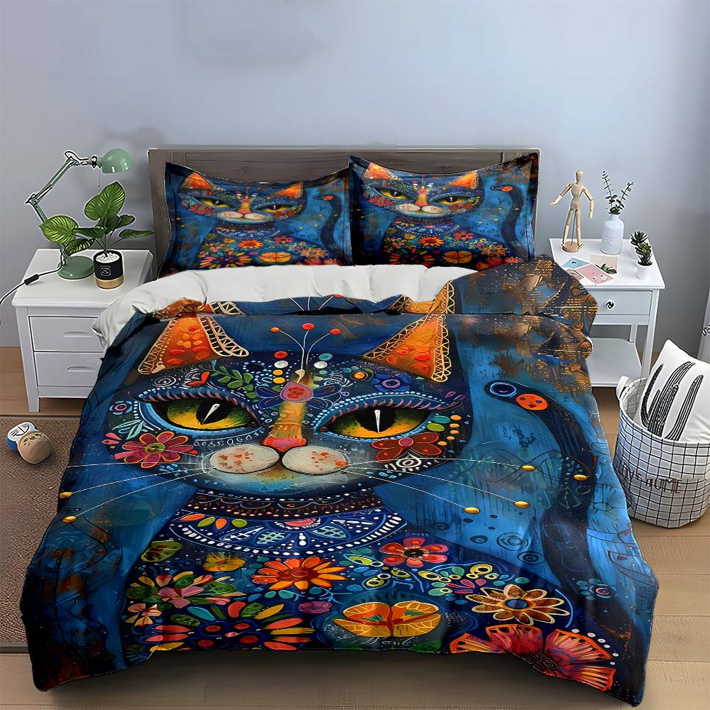 Colorful floral cat design. Bedding sets Duvet cover sets Duvet covers Pillowcases(1 * Duvet Cover 2 * Pillowcases without duvet insert)