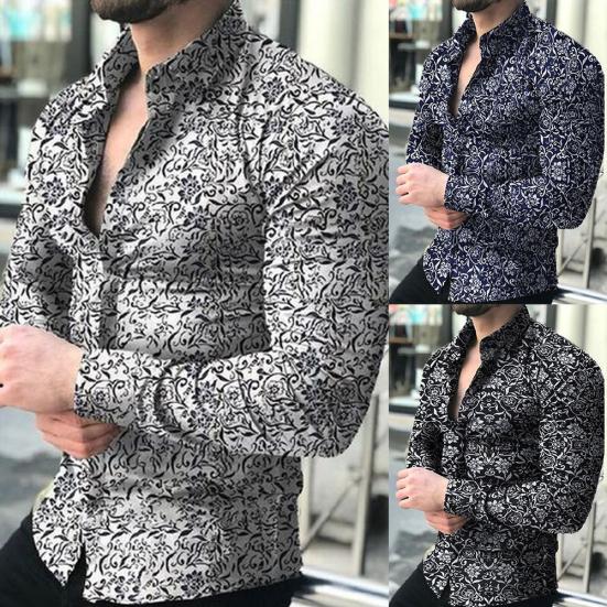 Jaro Podzim Pánská Móda Květinový Potisk Slim Fit Košile s Dlouhým Rukávem Top