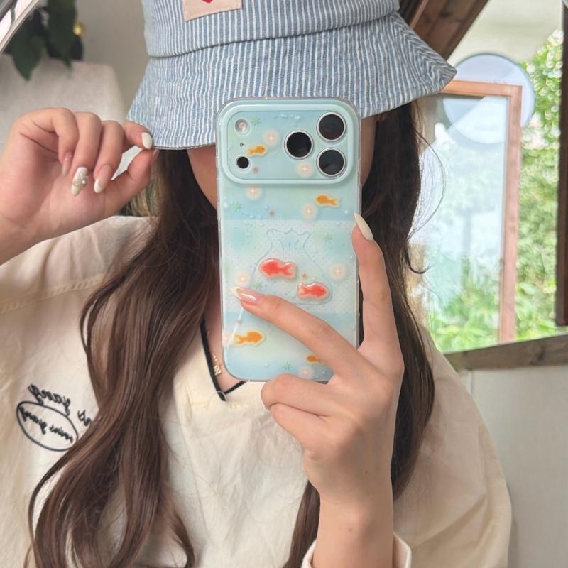 Blue Polka Dot Bubbles Goldfish 3D Case for iPhone 17 Pro Max 16 Pro 15 14 Full Cover Anti Drop Double Layer Protective Phone Cover