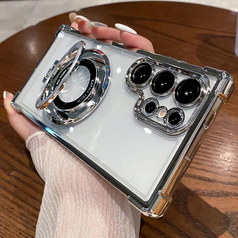 Four Corners Anti Drop Transparent Electroplated Magnetic Stand Protective Case For Samsung Galaxy S25 S24 S23 S22 21 Ultra Plus