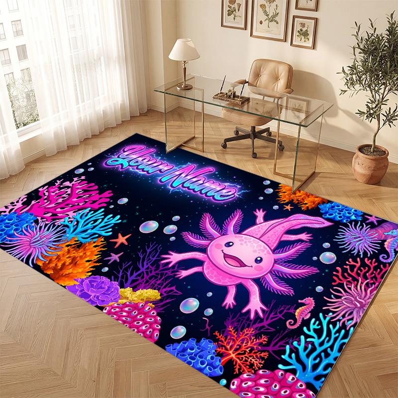 Axolotl Theme Soft Crystal Velvet Rug Custom Name & Text Print Non Slip Floor Rug for Bedroom Living Room