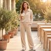Women's Casual Velvet Two Piece Set with Half Zip Collared Top and Wide Leg Pants