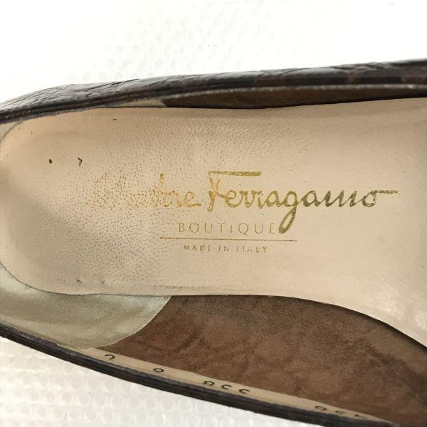 Salvatore Ferragamo Vara Ribbon Crocodile Leather Pumps Brown Size 6C (23.0cm) Italy Made(USED)