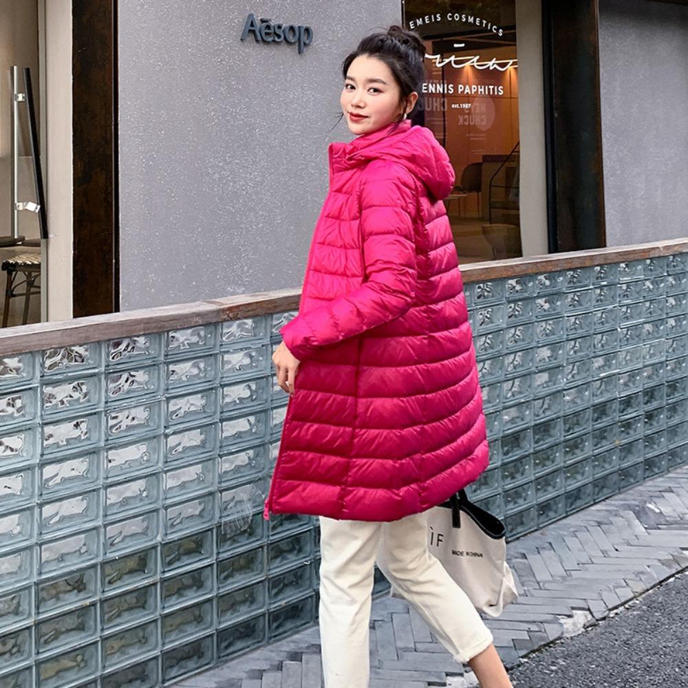 Women's Plus Size Mid‑Length Hooded Down Jacket Lightweight White Duck Down Puffer Coat Outerwear