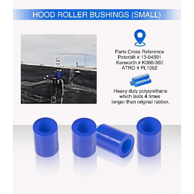 8 Pack Hood Roller Bushings For Peterbilt 357, 375, 379, Reference Part 13-04391, 13-03593, 377 With J Style Hinges, Polyurethane Hood Roller Bushing