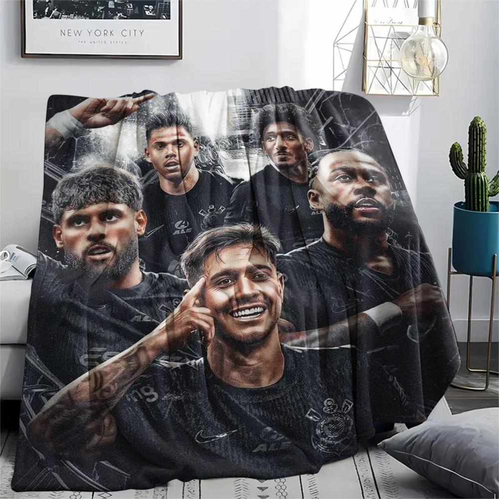 Football Stars Group Black White Poster Flannel Throw Blanket, Soft Warm Sofa Bed Cover, Soccer Fan Home Decor Blanket