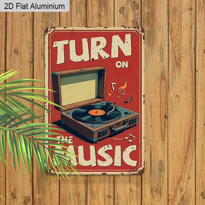 2D Flat 1pc Vintage Music Inspired Aluminium Wall Art Sign Turn on The Music 8x12 Inch Aluminium Rustic Home Bar Decor Music Studio Wall