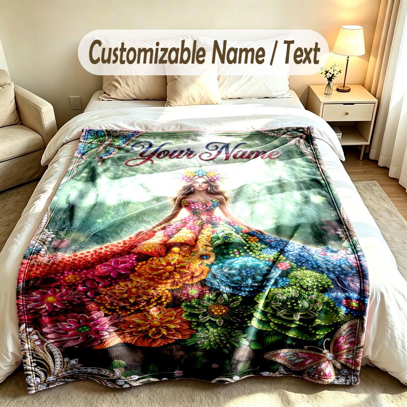Floral Garden Theme Soft Blanket Personalized Custom Name Text Print Warm Blanket Home Sofa Bedroom Decor