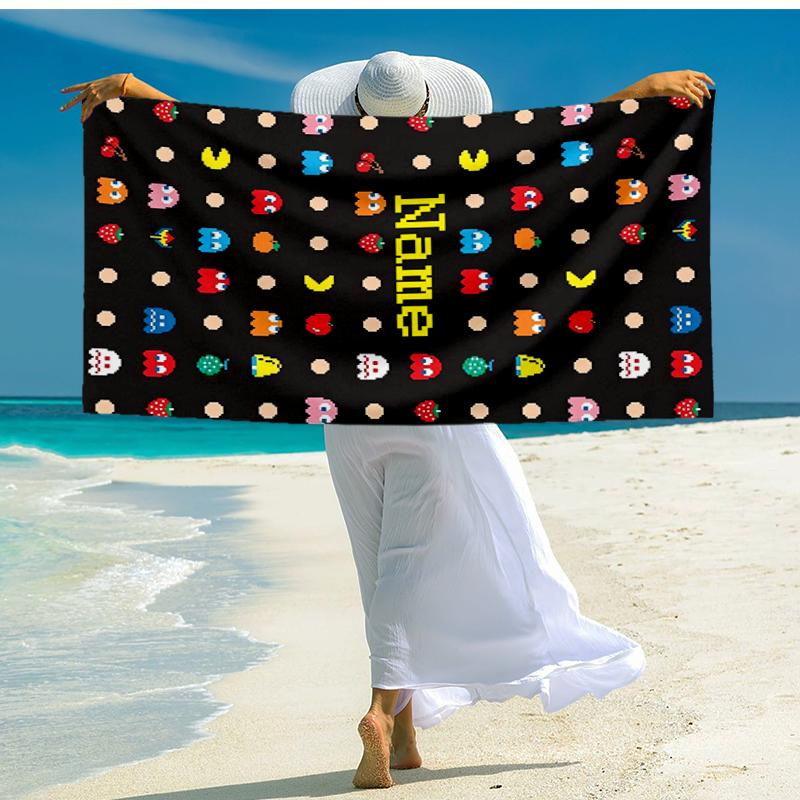 Custom Name Ultra-Soft Beach Towel with Pac-Man Theme,Ideal for Pool - Camping, Diving - Perfect Travel Essential, Vibrant Beach Towel.