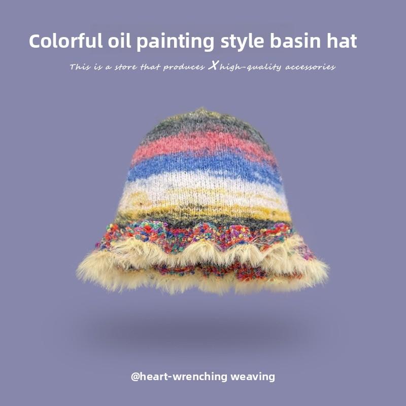 Vintage color striped oil painting wind lotus leaf edge fisherman's hat children autumn and winter warm knitted basin hat tide