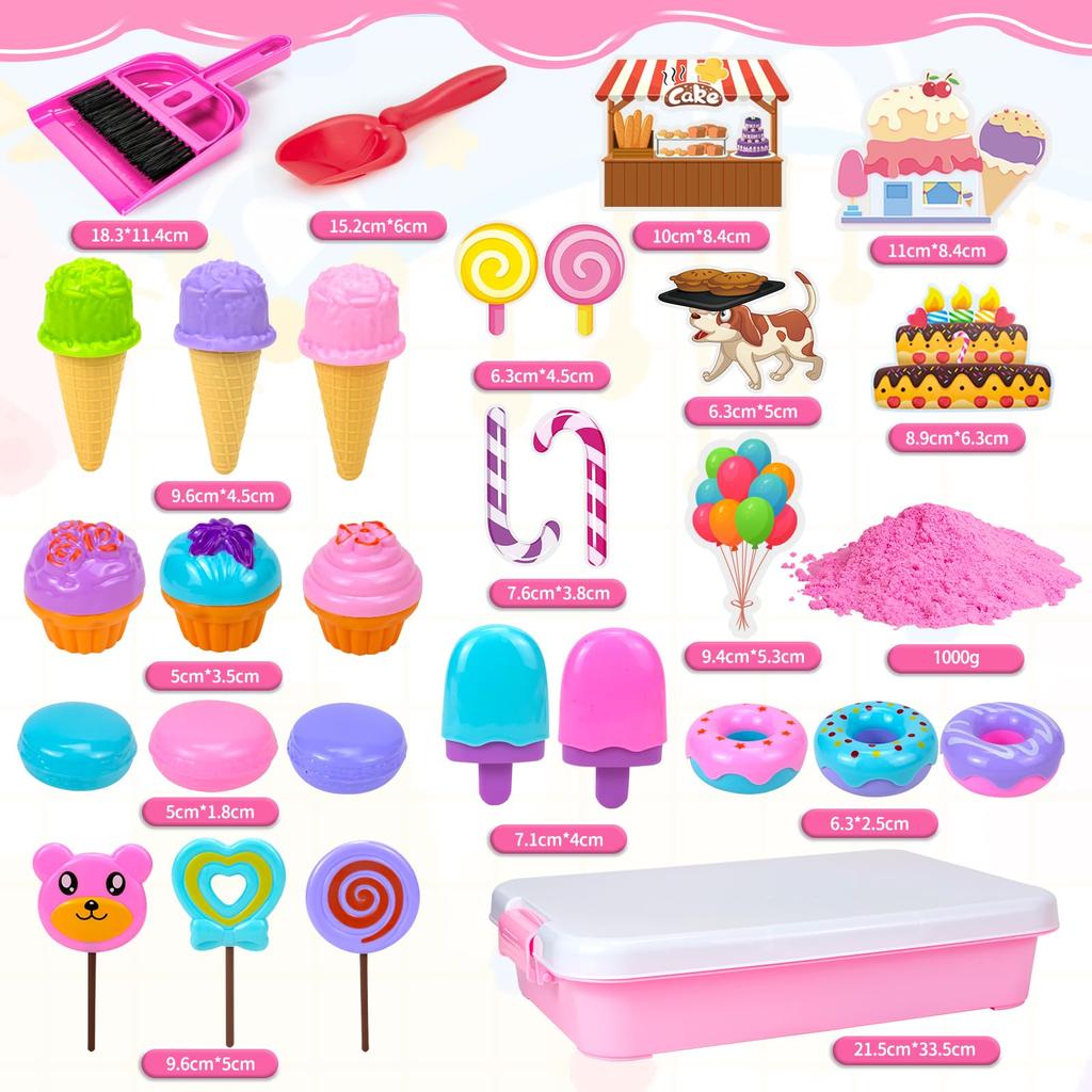 Sand Play Toy Set for Kids, Sand and Clay, Storage Box, Sandbox for Indoor and Outdoor Use, Pink Series, Ice Cream, DIY Model Making, Clay, Girls,