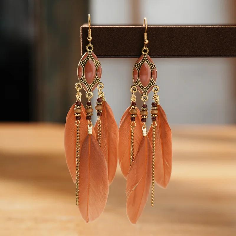 Bohemian Ethnic Feather Earrings For Women Long Tassel Beads Handmade Drop Dangle Earrings Girl Fashion Wedding Jewelry Gift