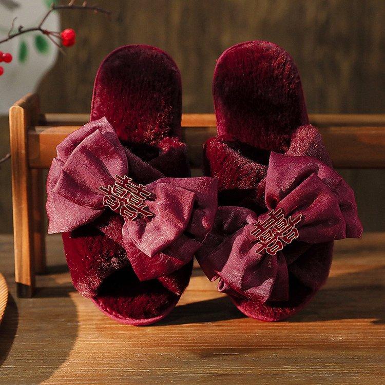 

Модные новые зимние женские домашние тапочки с красным бантом Happy Word Decoration из пушистого хлопка 40-41 вино красного