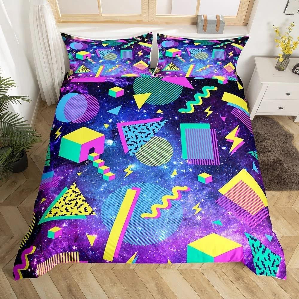 Retro Memphis Style Duvet Cover Set Galaxy Fashion Style Geometric Shapes Bedding Set Full,Hipster Old Fashioned Comforter Cover
