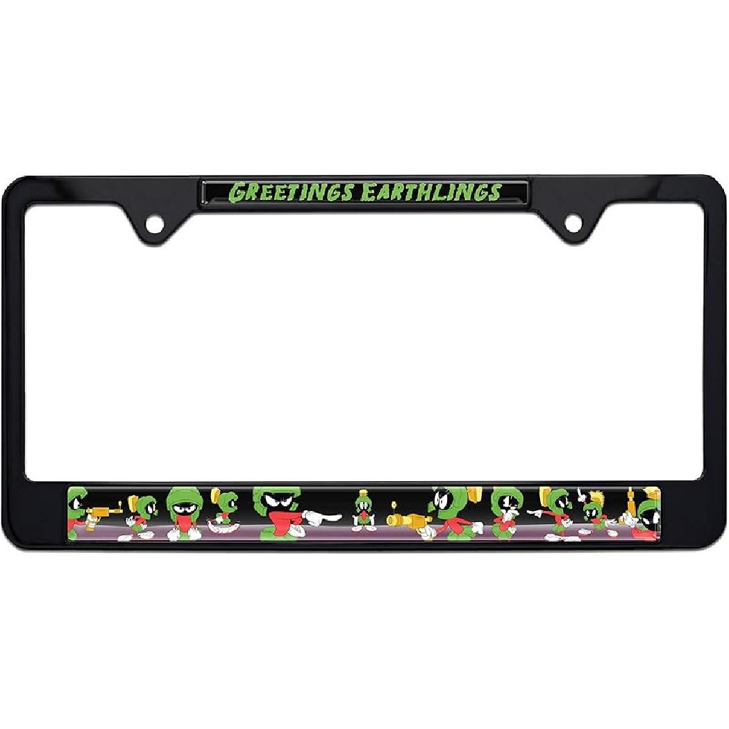 Elektroplate Officially Licensed – Looney Tunes Marvin The Martian Greetings Earthlings Black Metal Open Corner License Plate Frame Tag Holder for Standard