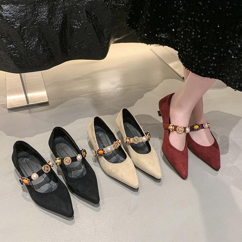 French Pointed Head Shallow Mouth Single Shoes Women's 2025 New Spring and Autumn Retro Suede Mary Jane Women's Shoes with Skirt High Heels