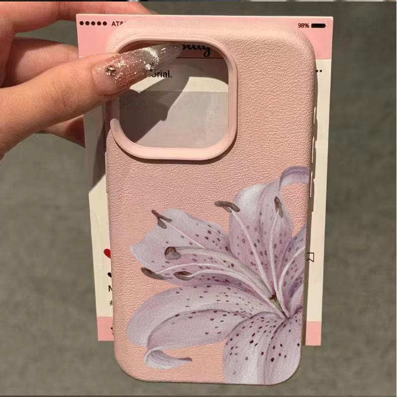 Husă de telefon cu model de floare de crin mov și textură de litchi pentru iPhone 17 Pro Max 16 Plus 15 Pro 14 13 12 11 XS XR 17Air Husa moale